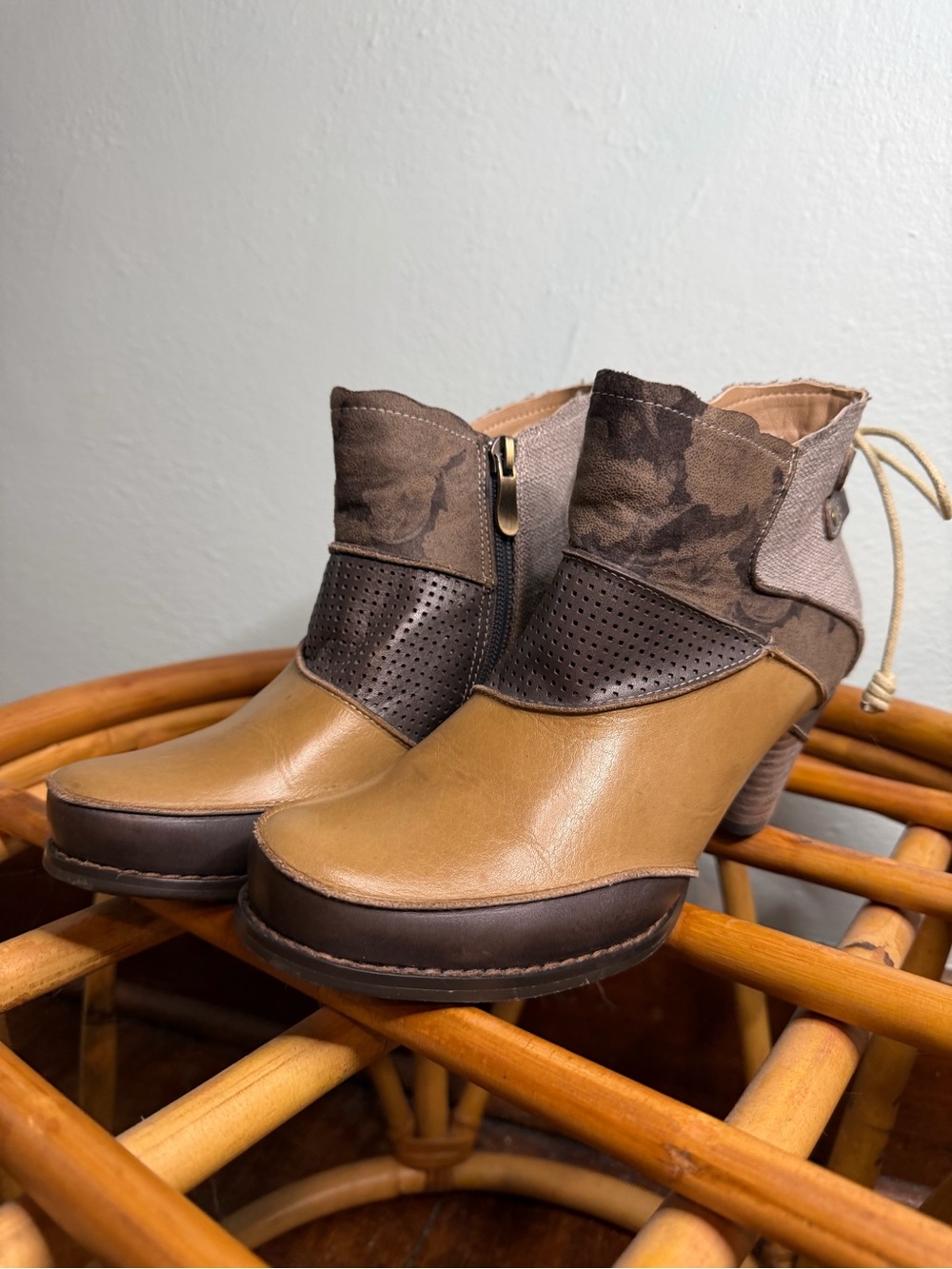 Brown and Tan Women’s Ankle Booties with Stacked Heel